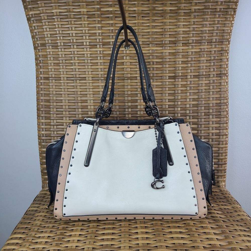 Coach Dreamer With Rivets Shoulder Satchel Handbag Smooth Leather White Black